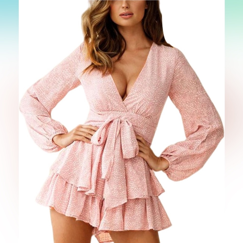 Bonkwa Women's Summer Deep V-Neck Floral Print Romper Long sleeve w/ belt large